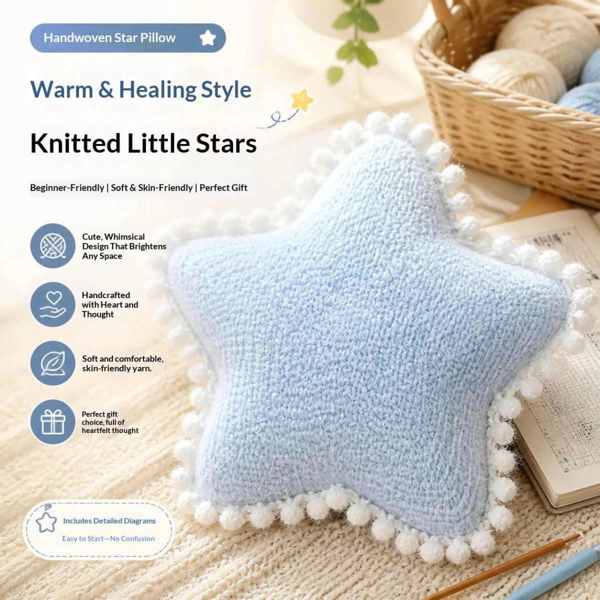 Star Pillow Crochet DIY Kit | Finished Size Approx 30cm, No Stuffing Included, 5 Colors Available, With Detailed Video Tutorial product detail 1
