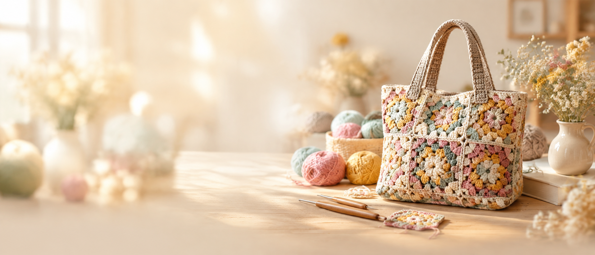 Handmade granny square crochet tote bag with yarn balls, crochet hooks and dried flowers