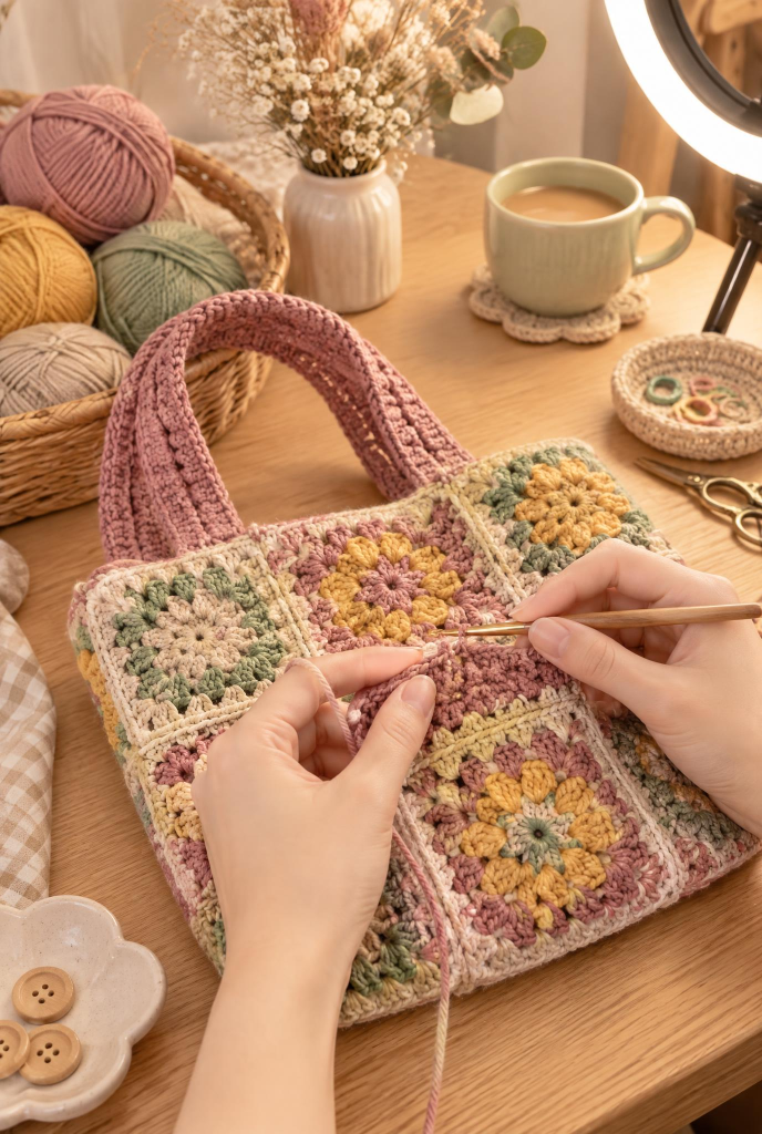 Hands crocheting a granny square tote bag during a MakerTrove live stream